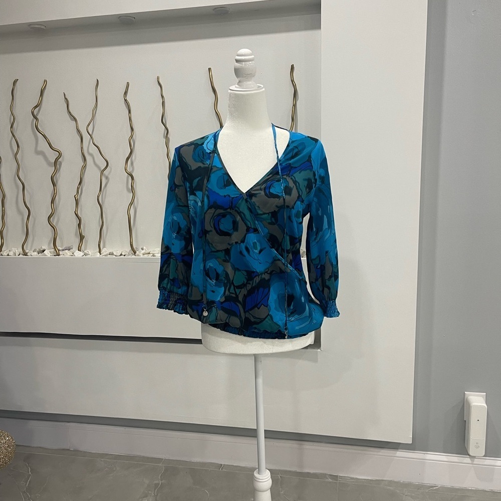 New York & Company Teal and Black Floral Blouse